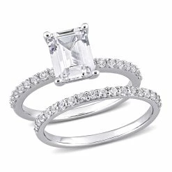 Coupon 🧨 Mimi & Max 2 3/4 CT TGW Emerald Cut Created White Sapphire Engagement Ring and Matching Eternity Ring 2pc Set in 10K White Gold for 👩 women 👍